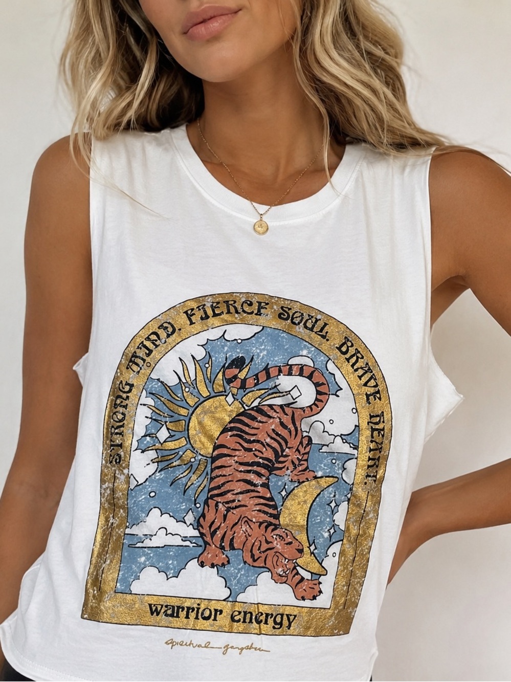Spiritual Gangster Warrior Energy Tiger Graphic Muscle Tank White XS Boho Yoga